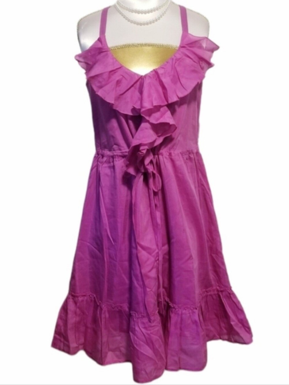 Naked Zebra Pink Ruffle  V-Neck Tie-Waist Sleeveless Strappy Silk Blend Dress